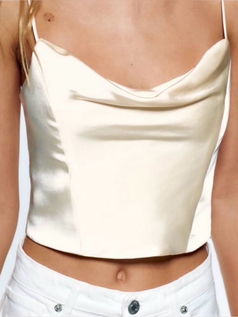 Zara Satin Cowl Neck Crop Cami Corset Top - Ivory SMALL